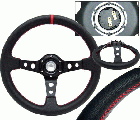 Mercedes  Universal 4 Car Option Steering Wheel - Deep Dish Black with Red Stitch - 320mm - SW-94125-BK-R