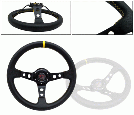 Mercedes  Universal 4 Car Option Steering Wheel - Deep Dish Black with Yellow Stitch - 320mm - SW-94125-BK-Y