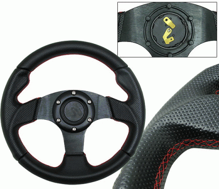Mercedes  Universal 4 Car Option Steering Wheel - Type 2 Black with Horn with Red Stitch - 280mm - SW-9415028-BK-R