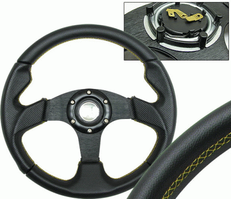 Mercedes  Universal 4 Car Option Steering Wheel - Type 2 Black with Yellow Stitch - 320mm - SW-94150-BK-Y