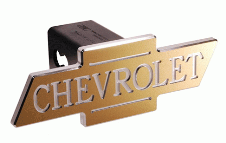 Mercedes  Universal Defenderworx Inscribed Chevrolet Script Cutout Bowtie Billet Hitch Cover - Gold - 30025