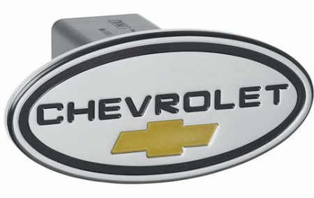 Mercedes  Universal Defenderworx Chevrolet Script Oval Billet Hitch Cover - Black with Gold Bowtie - 31013
