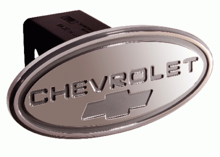 Mercedes  Universal Defenderworx Chevrolet Script Oval Billet Hitch Cover - Silver with Silver Bowtie - 31014