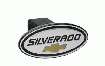 Mercedes  Universal Defenderworx Silverado Script Oval Billet Hitch Cover - Black with Gold Bowtie - 37003
